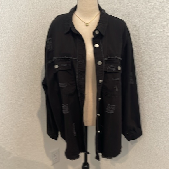Distressed Black Denim Jacket Sz 14 - Picture 7 of 11